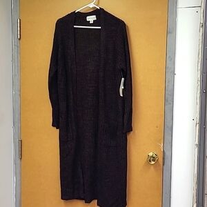 Urbanology Size M Black and Burgundy Knit Open Front Midi Length Cardigan